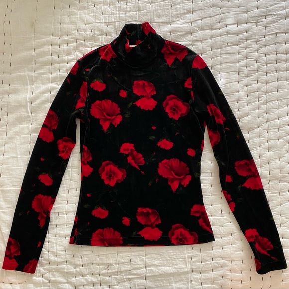 CACHE Vintage Red Floral Velvet Turtleneck Top Size S - Picture 1 of 6